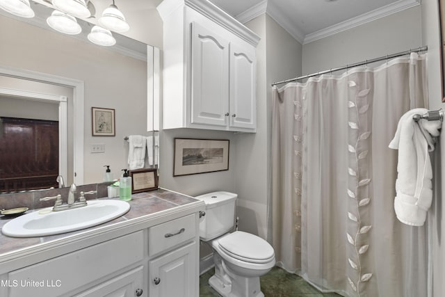 bathroom featuring toilet, vanity, and ornamental molding