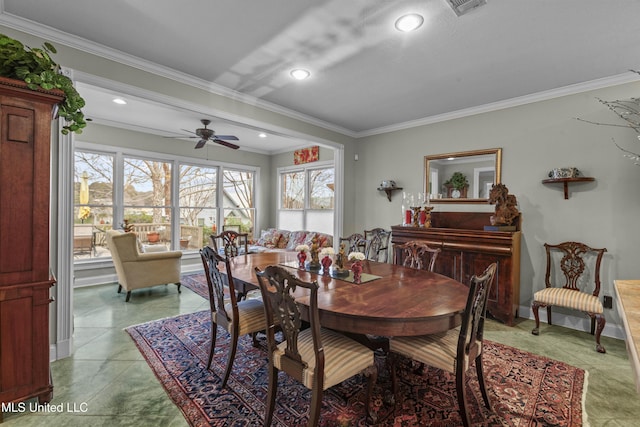 dining space with recessed lighting, crown molding, and ceiling fan