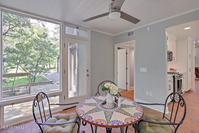 1844 Eastover Dr, Jackson, MS 39211 - dining space with a ceiling fan, baseboards, visible vents, and ornamental molding