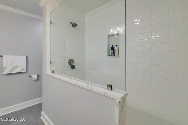 1844 Eastover Dr, Jackson, MS 39211 - full bathroom with crown molding, baseboards, walk in shower, and tile patterned flooring