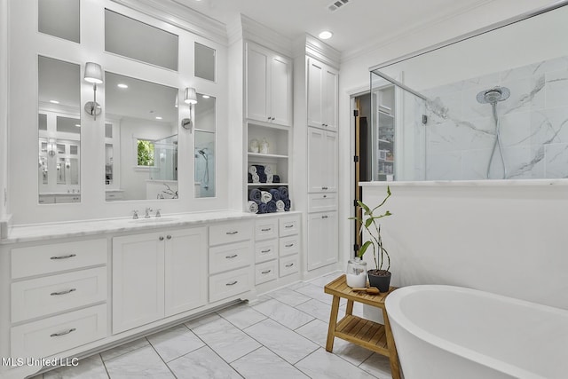 101 Lake Village Dr, Madison, MS 39110 - full bathroom featuring a marble finish shower, recessed lighting, vanity, a freestanding bath, and marble finish floor