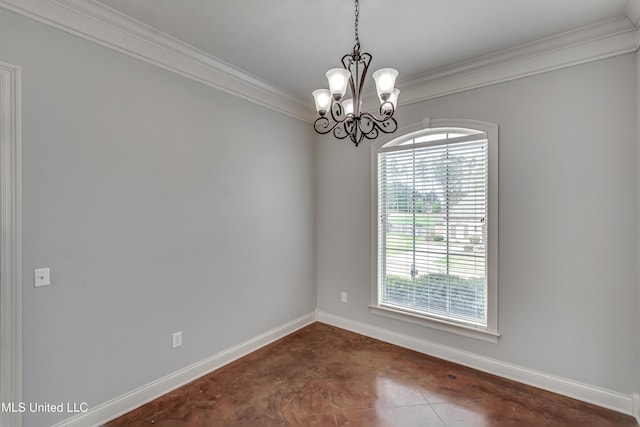 empty room with baseboards, concrete floors, ornamental molding, and a chandelier