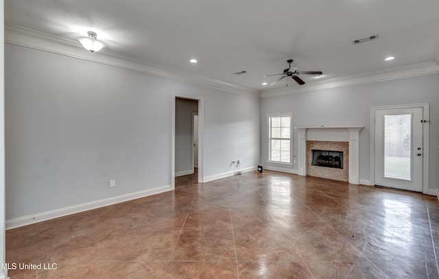 unfurnished living room with visible vents, baseboards, a fireplace, ceiling fan, and ornamental molding