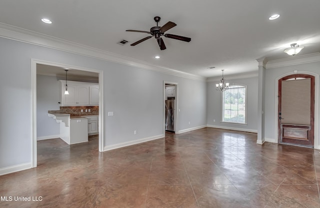 unfurnished living room featuring ceiling fan with notable chandelier, crown molding, and visible vents