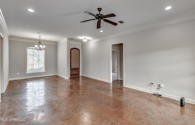 unfurnished room featuring ceiling fan with notable chandelier, crown molding, baseboards, and visible vents