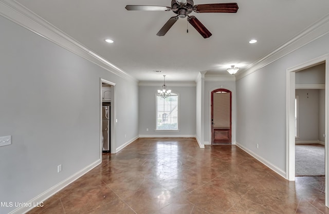 spare room with ornamental molding, ceiling fan with notable chandelier, baseboards, and recessed lighting