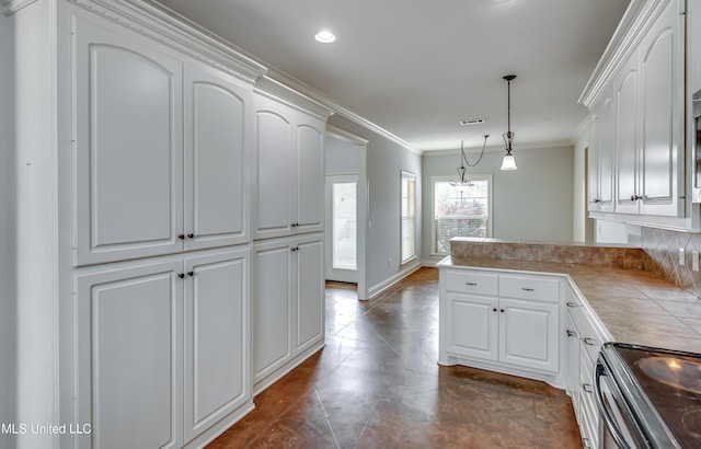 kitchen with white cabinetry, visible vents, stainless steel range with electric cooktop, and ornamental molding