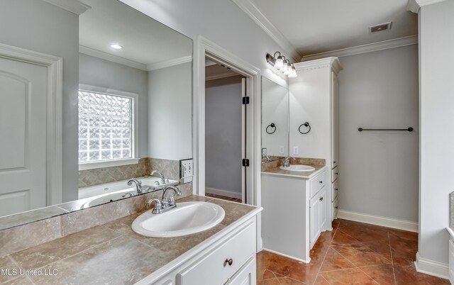 full bathroom with vanity, visible vents, crown molding, and a bath