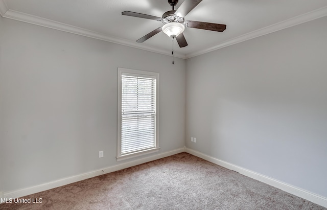 unfurnished room with baseboards, carpet flooring, a ceiling fan, and crown molding
