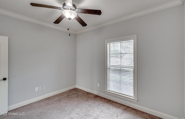 carpeted spare room featuring ornamental molding, baseboards, and ceiling fan