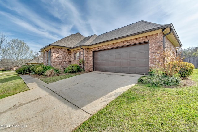 view of front facade featuring an attached garage, concrete driveway, brick siding, a front lawn, and a shingled roof