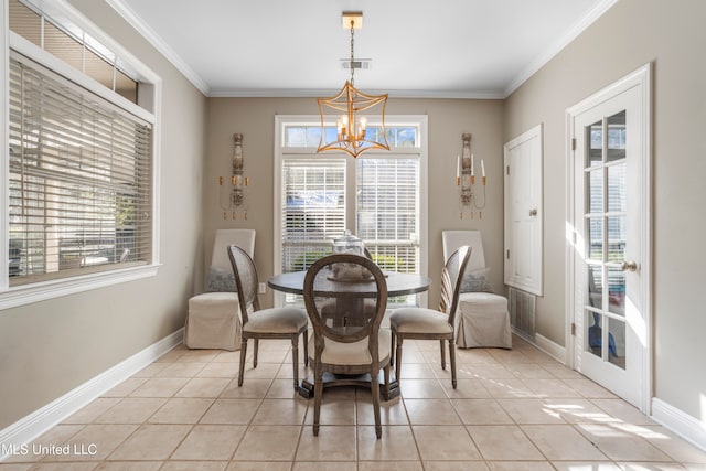 tiled dining area with a notable chandelier and crown molding