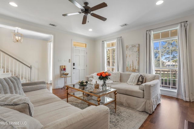 living room featuring ceiling fan with notable chandelier, ornamental molding, and dark hardwood / wood-style floors