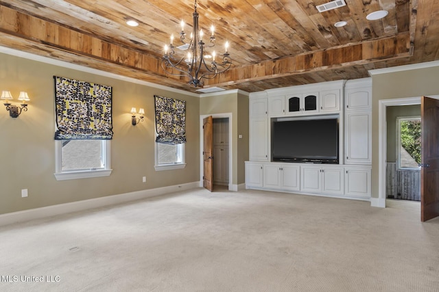 unfurnished living room featuring wooden ceiling, light carpet, a notable chandelier, and baseboards