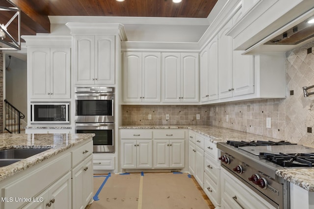 kitchen with wood ceiling, stainless steel appliances, white cabinets, decorative backsplash, and custom exhaust hood