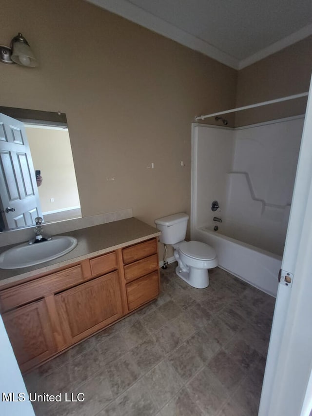 full bathroom featuring vanity, ornamental molding, shower / bath combination, and toilet