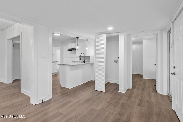 unfurnished living room with hardwood / wood-style floors and sink