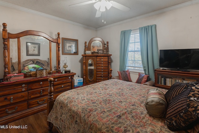 bedroom with a textured ceiling, dark wood-type flooring, ornamental molding, and ceiling fan