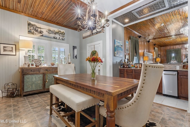 dining room with wood ceiling, wood walls, ornamental molding, and a chandelier