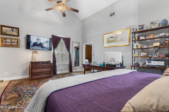 bedroom featuring high vaulted ceiling and ceiling fan