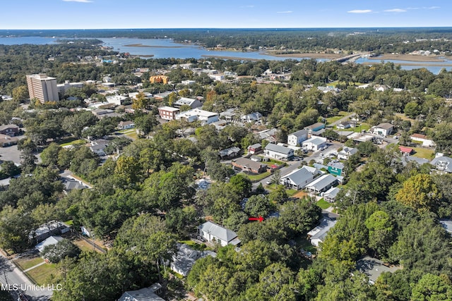 drone / aerial view with a water view