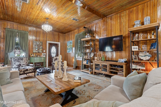 living room with wood ceiling, a healthy amount of sunlight, and wood walls