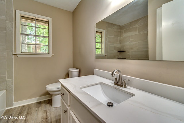 bathroom with vanity, toilet, hardwood / wood-style flooring, and a wealth of natural light