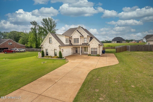 view of front of house featuring concrete driveway, brick siding, fence, and stone siding