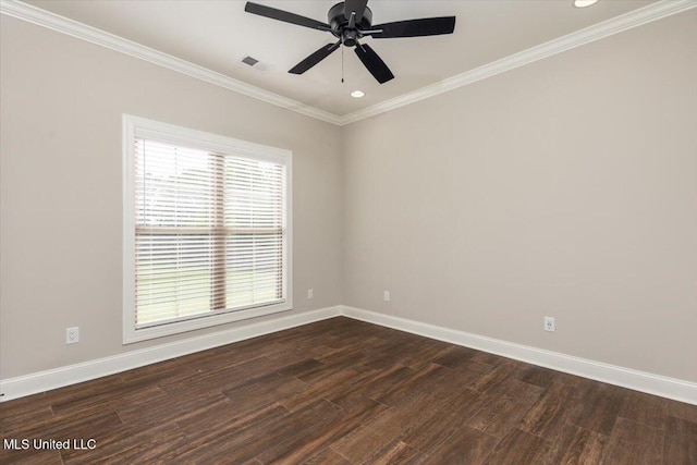 unfurnished room with ceiling fan, visible vents, crown molding, baseboards, and dark wood-style floors