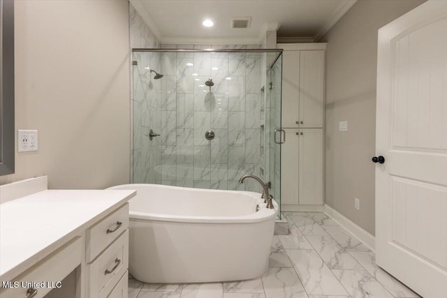bathroom featuring crown molding, visible vents, marble finish floor, and a stall shower