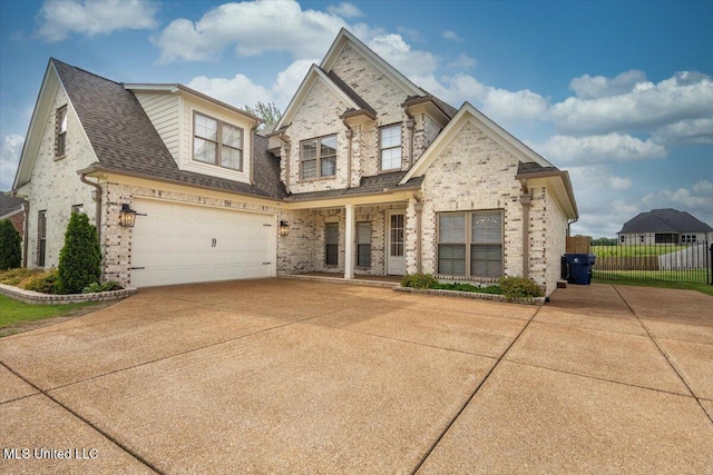 french country style house featuring a garage, fence, brick siding, a porch, and driveway