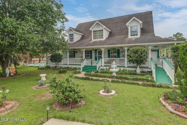 new england style home featuring covered porch and a front lawn