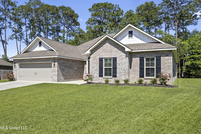 9363 Taylor Pl, Ocean Springs, MS 39564 - ranch-style house featuring brick siding, board and batten siding, an attached garage, a front lawn, and concrete driveway