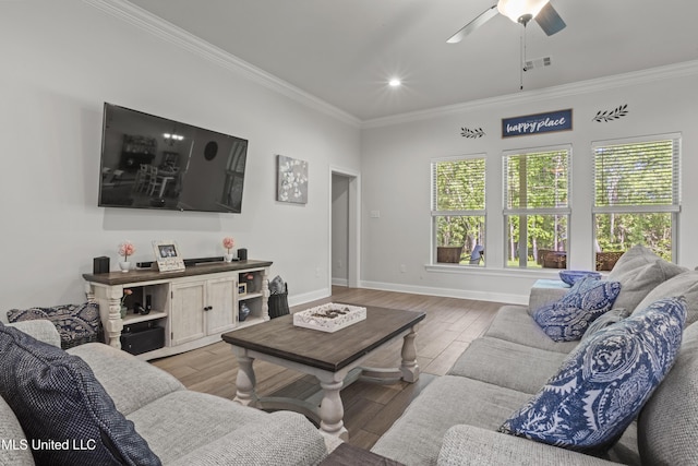 9363 Taylor Pl, Ocean Springs, MS 39564 - living room featuring ornamental molding, baseboards, wood finished floors, recessed lighting, and ceiling fan