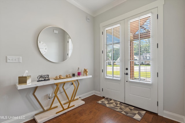 6731 Bobwhite Cir, Southaven, MS 38672 - doorway to outside featuring french doors, dark wood-type flooring, baseboards, and ornamental molding