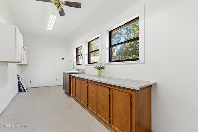 interior space with sink and ceiling fan