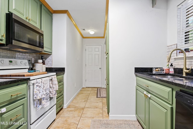 kitchen with electric range, backsplash, dishwasher, sink, and green cabinetry