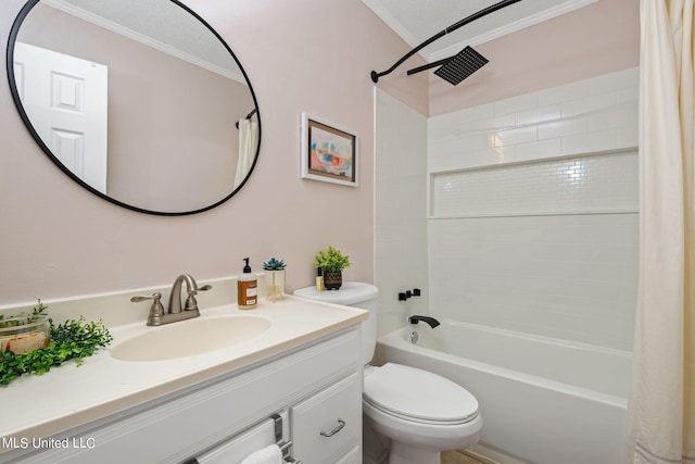 full bathroom with vanity, ornamental molding, shower / bath combination with curtain, and toilet