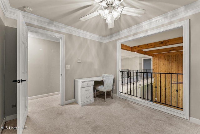 445 Carey Chapel Rd, Red Banks, MS 38661 - unfurnished office with carpet floors, beamed ceiling, ceiling fan, and crown molding