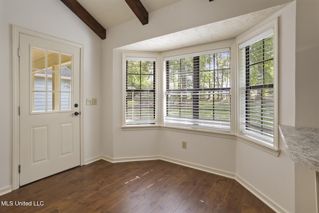 121 Kenbridge Ln, Madison, MS 39110 - doorway with baseboards, vaulted ceiling with beams, and dark wood-type flooring
