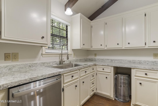 121 Kenbridge Ln, Madison, MS 39110 - kitchen featuring dishwasher, a sink, light countertops, lofted ceiling with beams, and white cabinetry