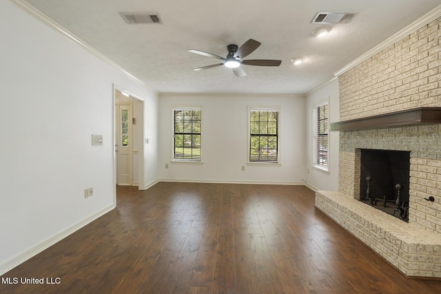 121 Kenbridge Ln, Madison, MS 39110 - unfurnished living room featuring visible vents, a ceiling fan, a fireplace, and ornamental molding