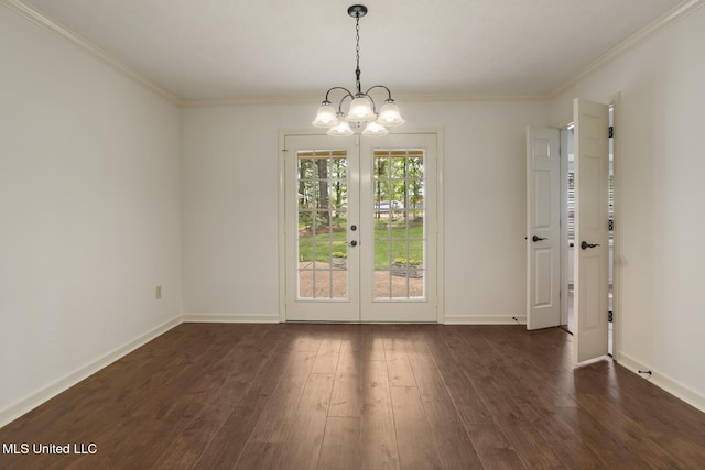 121 Kenbridge Ln, Madison, MS 39110 - unfurnished dining area featuring an inviting chandelier, crown molding, french doors, and dark wood-style floors
