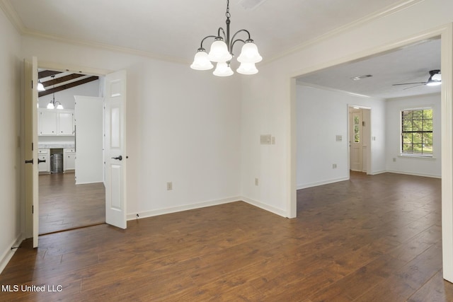 121 Kenbridge Ln, Madison, MS 39110 - empty room with crown molding, dark wood-style flooring, ceiling fan with notable chandelier, and baseboards