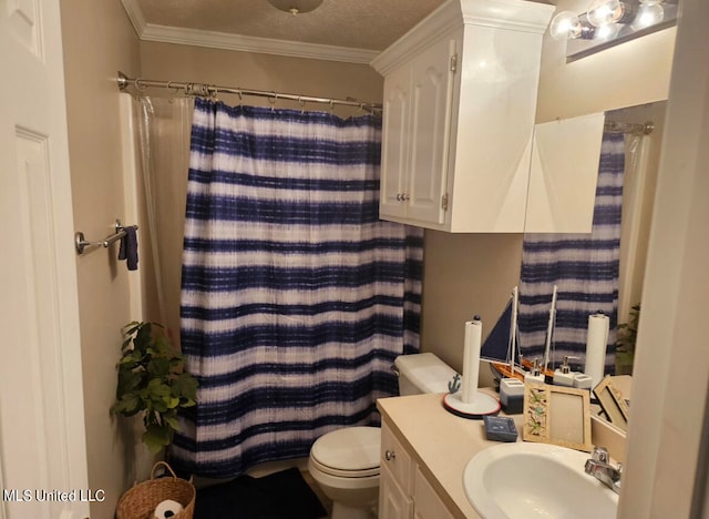 bathroom featuring a textured ceiling, toilet, vanity, crown molding, and curtained shower