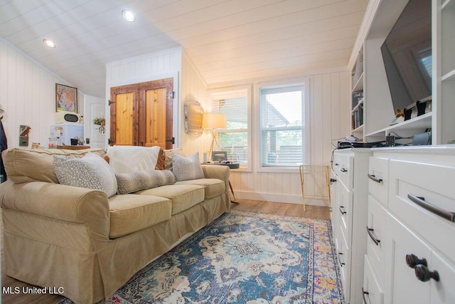 65 Vaiden Dr, Hernando, MS 38632 - living area with light wood finished floors, vaulted ceiling, wooden walls, wooden ceiling, and recessed lighting