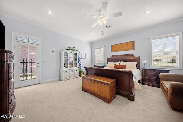 25 Savannah Cir, Brandon, MS 39047 - carpeted bedroom with access to exterior, ornamental molding, recessed lighting, ceiling fan, and baseboards