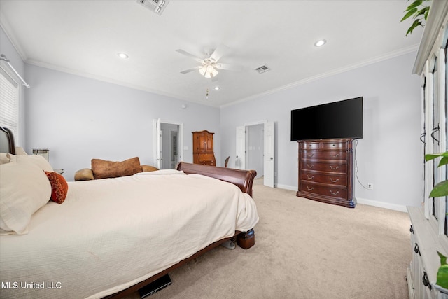 25 Savannah Cir, Brandon, MS 39047 - bedroom with light carpet, recessed lighting, crown molding, ceiling fan, and baseboards