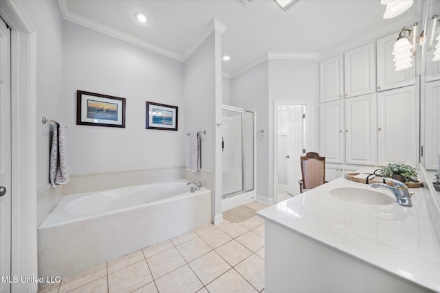 25 Savannah Cir, Brandon, MS 39047 - full bath featuring a garden tub, a shower stall, tile patterned floors, vanity, and ornamental molding