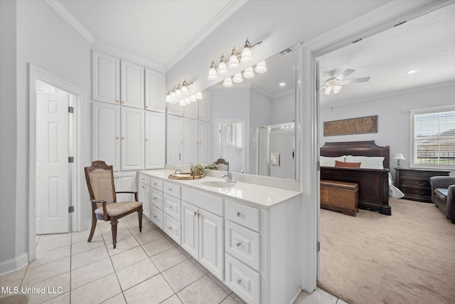 25 Savannah Cir, Brandon, MS 39047 - full bathroom with ensuite bath, crown molding, ceiling fan, tile patterned flooring, and a shower stall